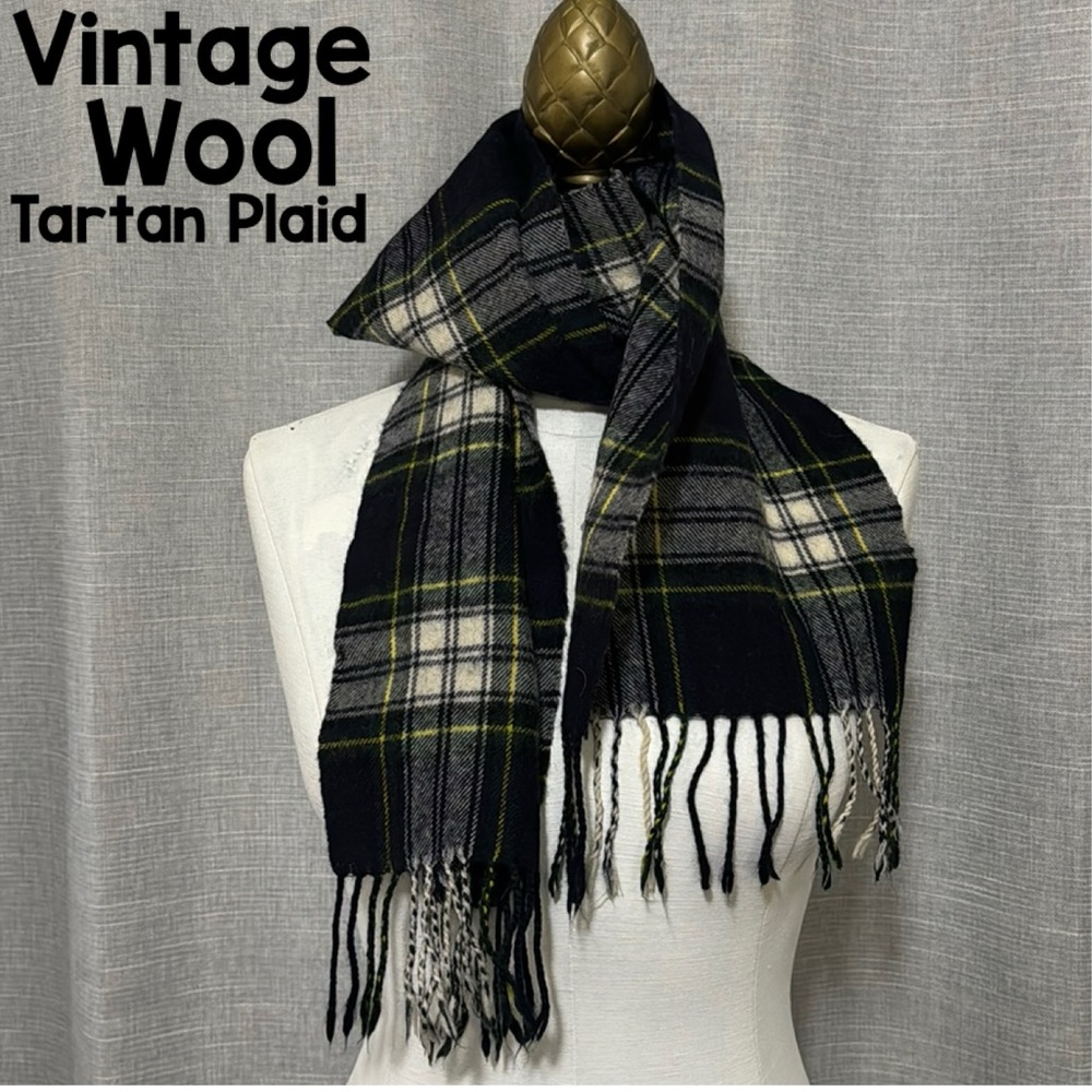 Thrifted From Amsterdam-Wool Tartan Plaid Scarf-Navy/White/Yellow-Twisted Fringe